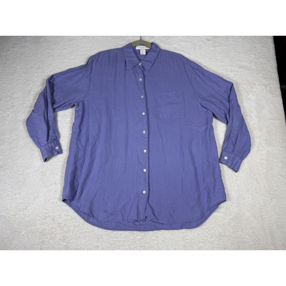 Preston & York Sport Linen Button Down Women L Blue Relaxed Coastal Shirt